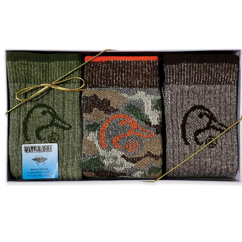 Ducks Unlimited Men's Merino Wool Blend Boot Socks Gift Box - Gray and Camo and Olive