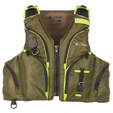 Onyx Pike Paddle Sport Life Jacket in green – lightweight, high-back kayaking PFD with adjustable straps

