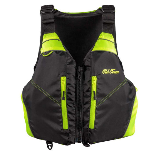 Old Town Riverstream PFD in black and neon green – lightweight, high-visibility kayaking life vest